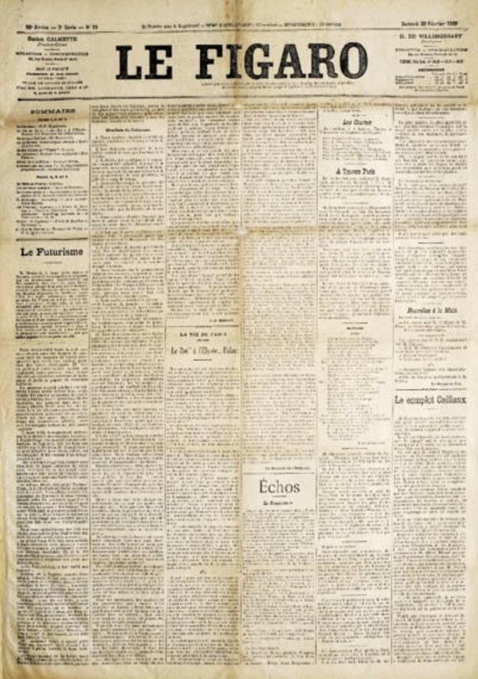 Futurista kiáltvány (Le Figaro, 1909. február 20.) © Centre Pompidou, Paris. Photo Georges Meguerditchian